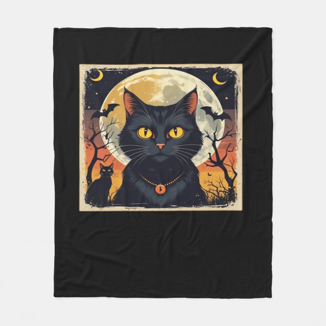Klassisk Retro Black Cat Halloween T-Shirt Classic Fleecefilt (Framsidan)
