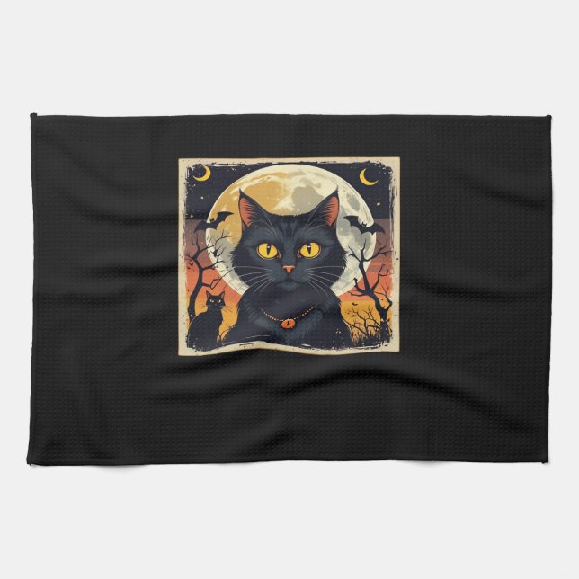Klassisk Retro Black Cat Halloween T-Shirt Classic Kökshandduk (Horisontell)