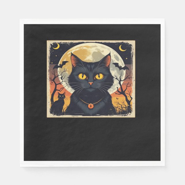 Klassisk Retro Black Cat Halloween T-Shirt Classic Pappersservett (Framsidan)