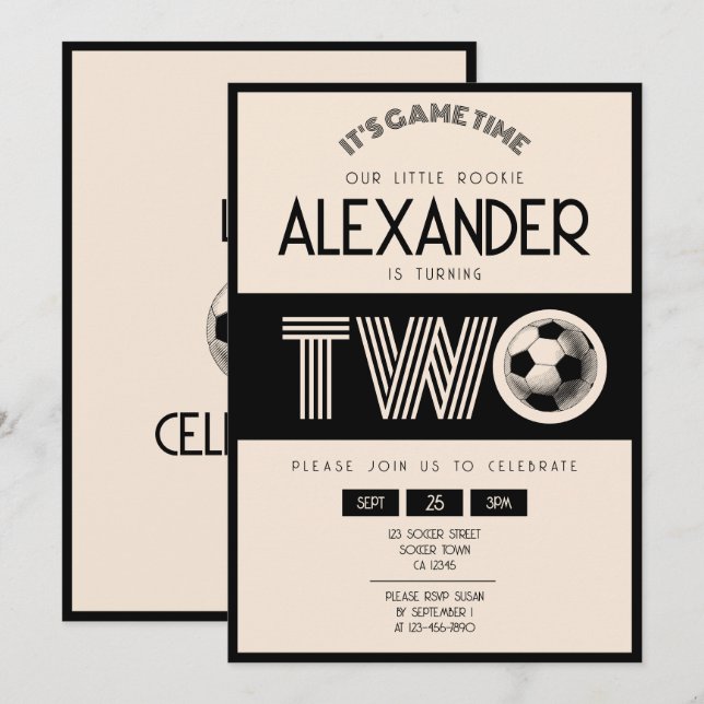 Klassisk Retro Black-fotboll 2:a födelsedag Inbjudningar (Fram/baksida)
