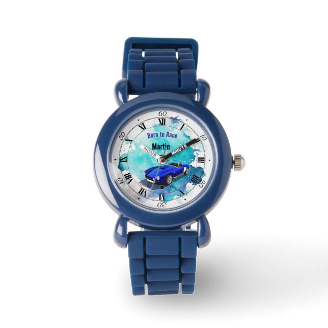 Klassisk Retro Blue Sports Car Birthday Äventyr H Armbandsur (Framsida)