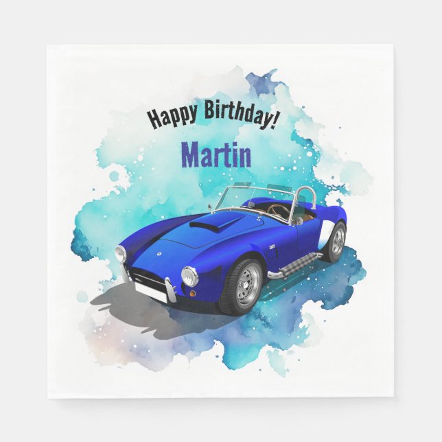 Klassisk Retro Blue Sports Car Birthday Äventyr Pappersservett (Framsidan)