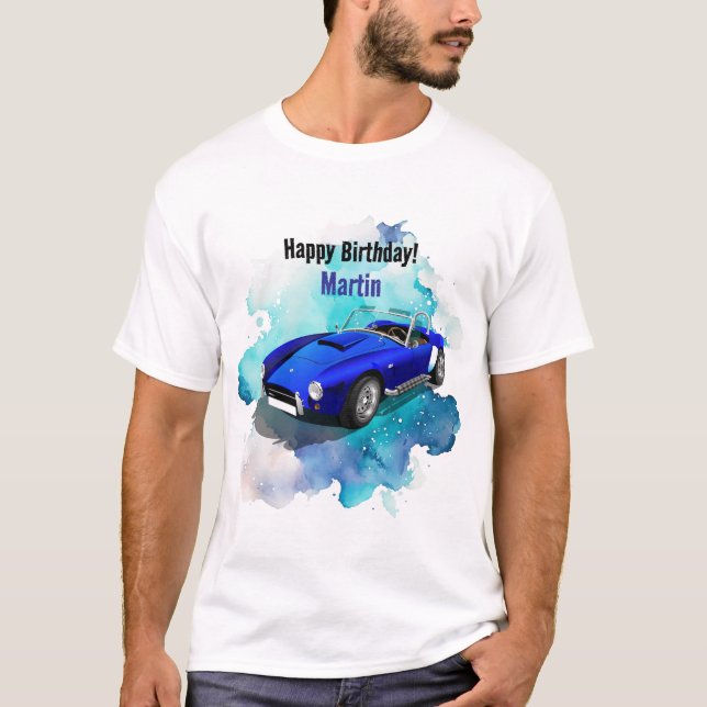 Klassisk Retro Blue Sports Car Birthday Äventyr T Shirt (Framsida)