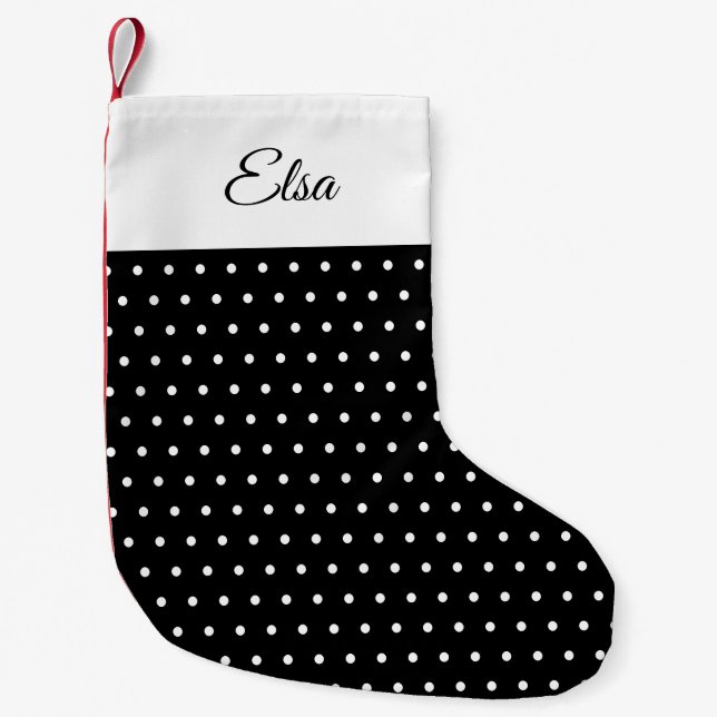 Klassisk Retro Namn Black and White Polka Dot Liten Julstrumpa (Framsidan)