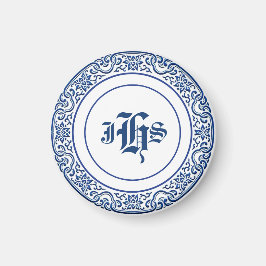 Klassisk Retro Personlig Monogram Blue Mönster Magnet