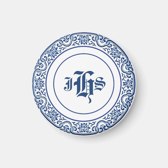 Klassisk Retro Personlig Monogram Blue Mönster Magnet (Framsidan)