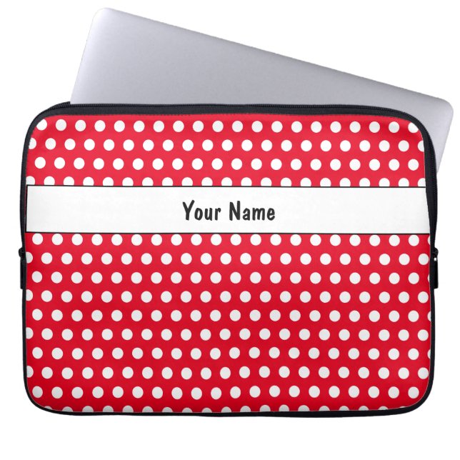Klassisk Retro Polka Dot Red and White Namn Laptop Fodral (Framsidan)