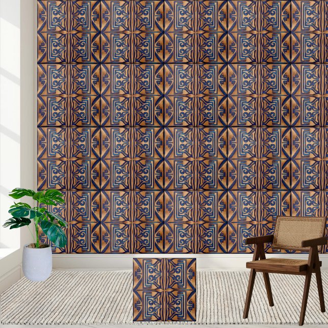 Klassisk Rik Blue och Guld Mönster Tile Kakelplatta (Classic Rich Blue and Gold Greek Key Pattern Tile)