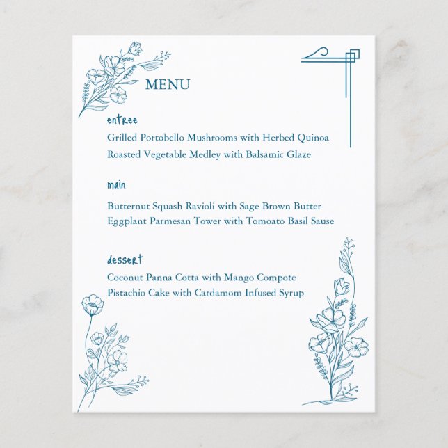 Klassisk ritad Blommigt Ocean Blue Bröllop Menu (Framsida)