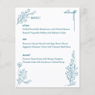 Klassisk ritad Blommigt Ocean Blue Bröllop Menu