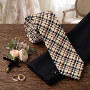 Klassisk röd beige svart vit tartan-rutig mönster slips