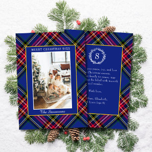 Klassisk Röd Blå Guld Tartan Rutig Jul Foto Julkort
