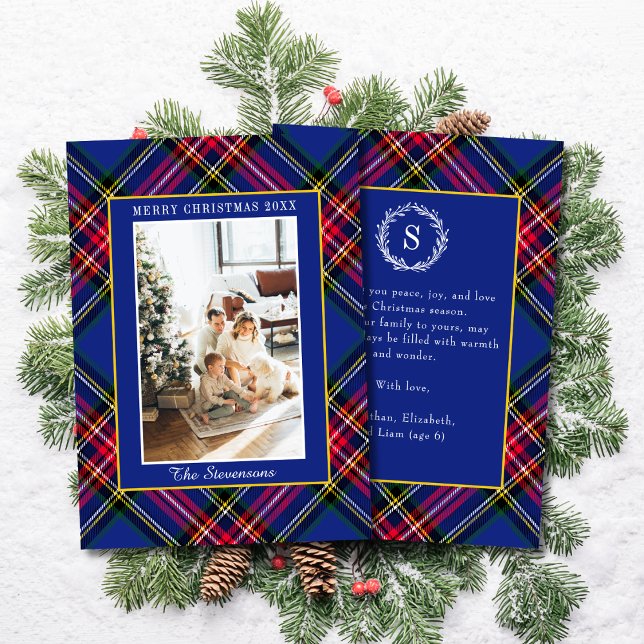 Klassisk Röd Blå Guld Tartan Rutig Jul Foto Julkort (Skapare uppladdad)