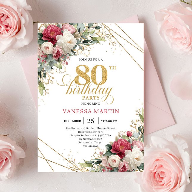 Klassisk röd burgunderblommig 80-års inbjudan (Classic Red Burgundy Floral 80th Birthday Invite)
