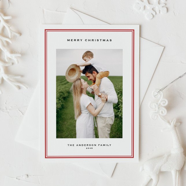 Klassisk röd Dubbla Gräns Photo jul Helg Vykort (This timeless holiday photo postcard features a double-border frame and classic typography.)