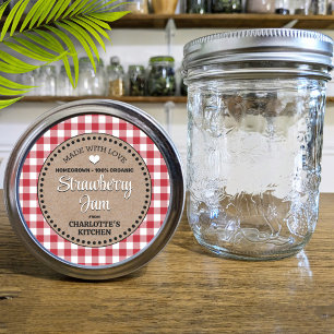 Klassisk röd Gingham Canning Burk-etikett Runt Klistermärke