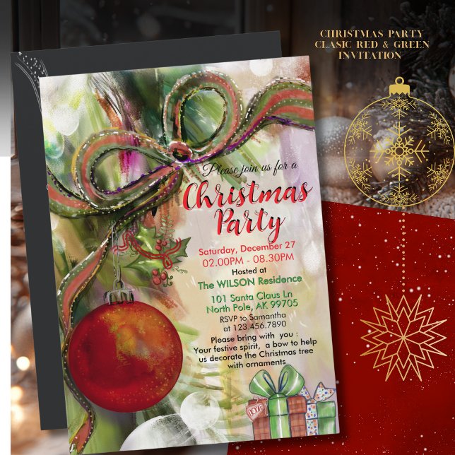 Klassisk röd grön bows vattenfärg julfest  inbjudningar (Classic Red Green Bow Watercolor Christmas Party Invitation)