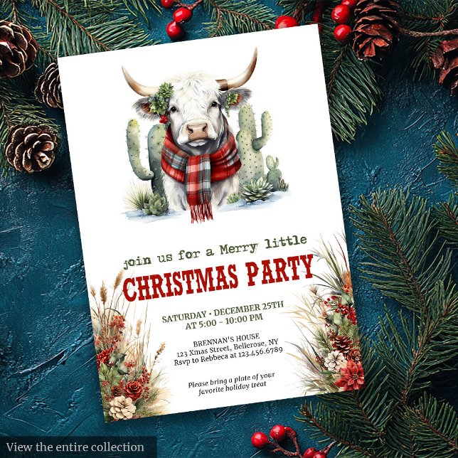 Klassisk röd grön Highland-ko julinbjudan Inbjudningar (Classic Red Green Cowboy Christmas Invite)