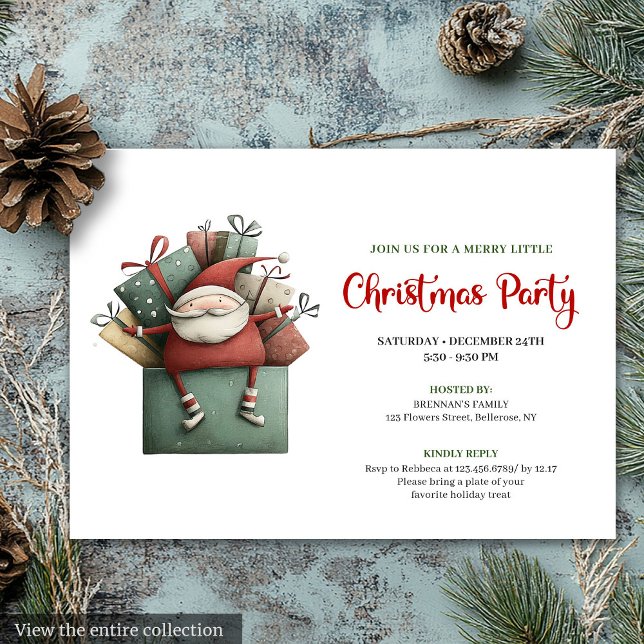 Klassisk Röd Grön Rolig Tomte Jul Inbjudan (Classic Red Green Funny Santa Christmas Invitation)