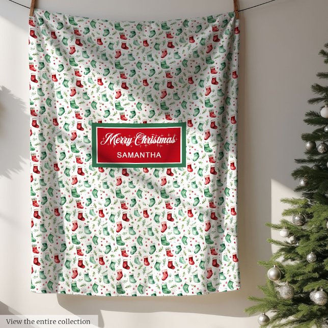 Klassisk röd grönt, eget namn för julstock fleecefilt (Classic red green Christmas stocking custom name Fleece Blanket )