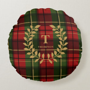 Klassisk röd julpläd med monogramkrans rund kudde