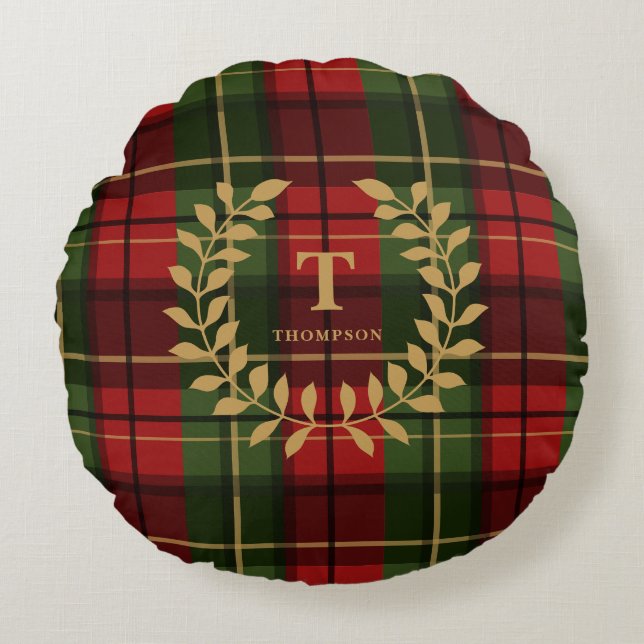 Klassisk röd julpläd med monogramkrans rund kudde (Framsidan)