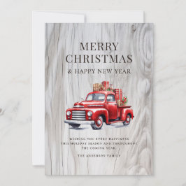 Klassisk röd lastbil julklappar rustik trä julkort