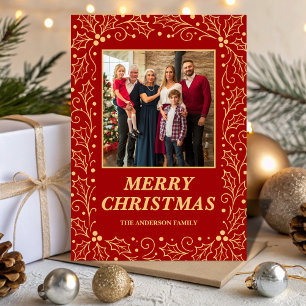 Klassisk röd och antika guld familjefoto jul julkort