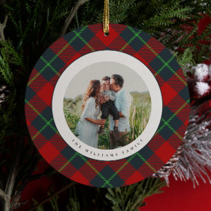 Klassisk röd och grön karamellrandig familjefoto j julgransprydnad keramik