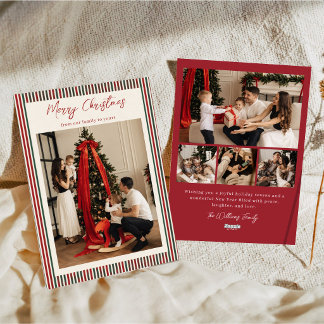 Klassisk röd och grön randig familjefoto jul julkort