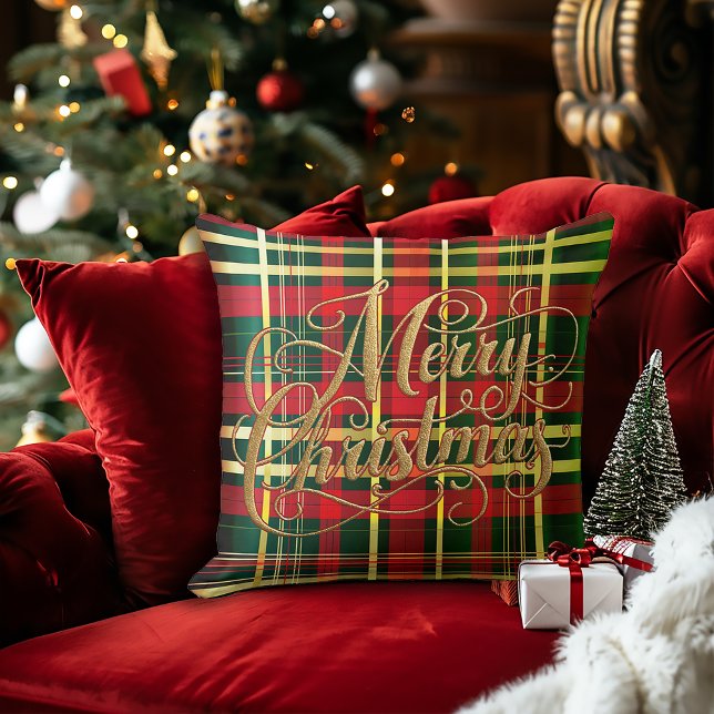 Klassisk röd och grön tartan jul kastkudde kudde (Festive Classic Christmas Tartan Merry Christmas Decorative Pillow)