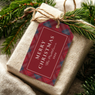 Klassisk röd och marinblå traditionell tartan jul presentetikett