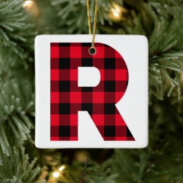 Klassisk röd och svart Buffalo-ruta R-monogram Julgransprydnad Keramik