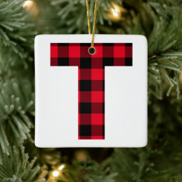Klassisk röd och svart buffelkontroll T Monogram Julgransprydnad Keramik
