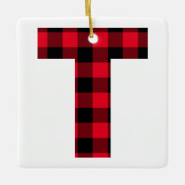 Klassisk röd och svart buffelkontroll T Monogram Julgransprydnad Keramik