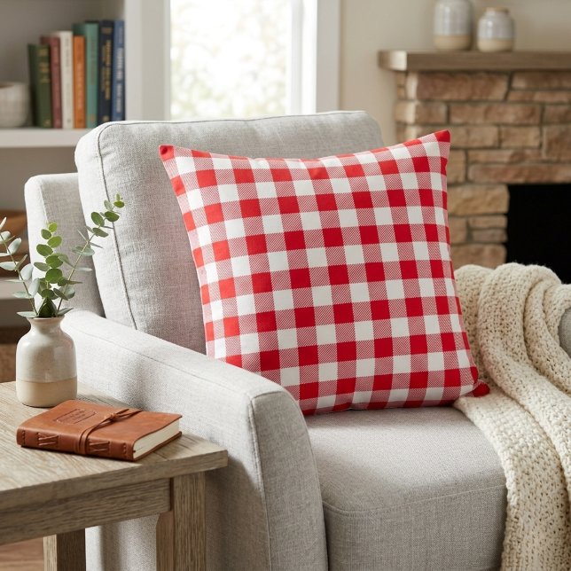 Klassisk röd och vit gingham-karotröja kudde (Classic Red and White Gingham Plaid Throw Pillow)