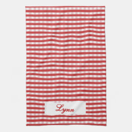 Klassisk röd och vit gingham | Personligt namn Kökshandduk