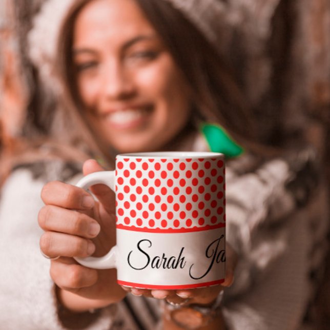 Klassisk röd Polka dots monogrammanschetttypografi Jumbo Mugg (Skapare uppladdad)