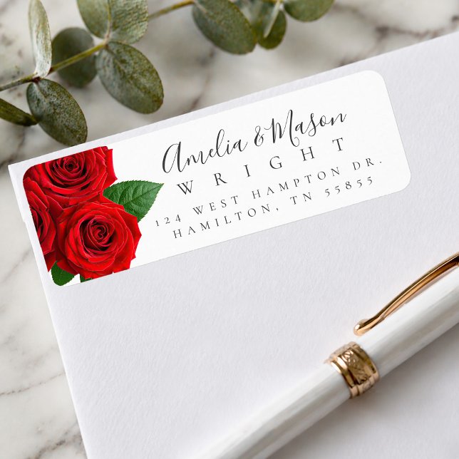 Klassisk röd ros elegant skript returadress etikett (Classic Red Rose Elegant Script Return Address Label)