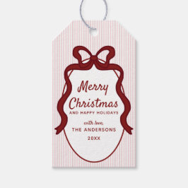 Klassisk röd rosa randig och båge ram jul presentetikett