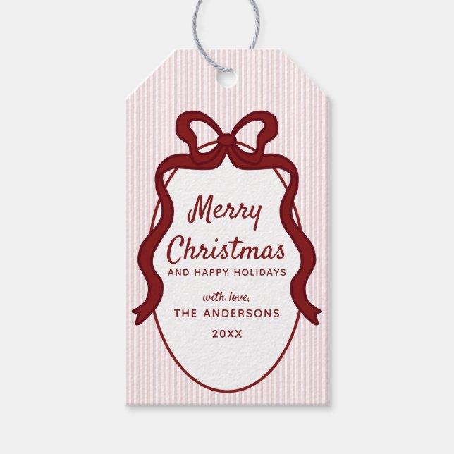 Klassisk röd rosa randig och båge ram jul presentetikett (Framsidan)