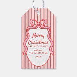 Klassisk röd rosa randig och båge ram jul  presentetikett