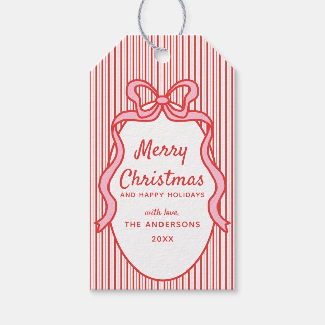 Klassisk röd rosa randig och båge ram jul  presentetikett (Framsidan)