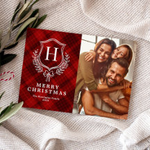 Klassisk röd rutig monogram julfoto