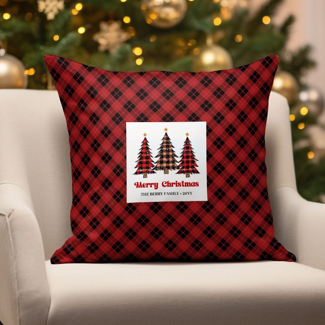 Klassisk röd svart karotröja julgran kudde (Classic Red Black Plaid Christmas Trees Pillow)
