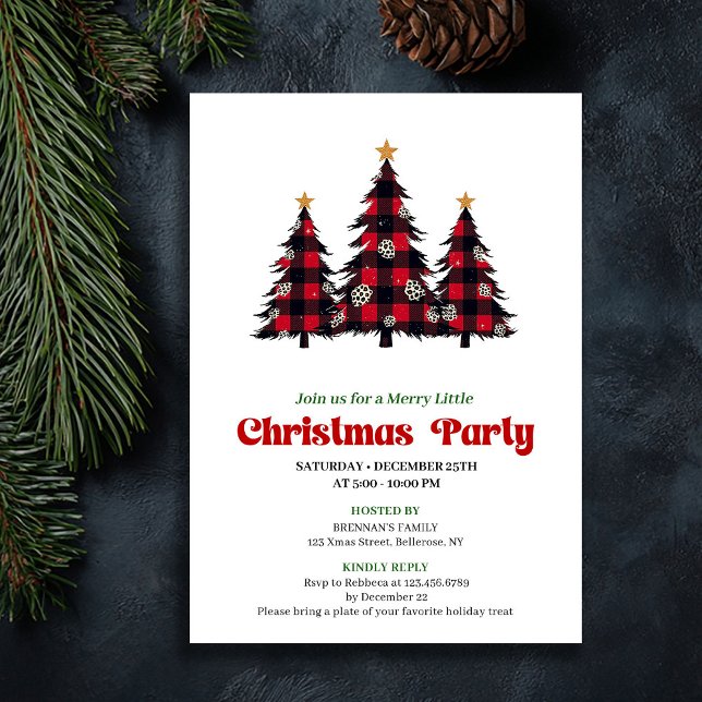 Klassisk röd svart rutig julfest tryckbar inbjudningar (Classic Red Black Plaid Holiday Party Printable)