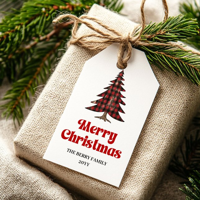 Klassisk röd svart tartan presentetikett med anpas (Classic red black tartan gift tag custom name

)