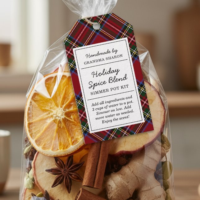 Klassisk röd tartan-semesterns simmerpot-kit prese presentetikett (Skapare uppladdad)