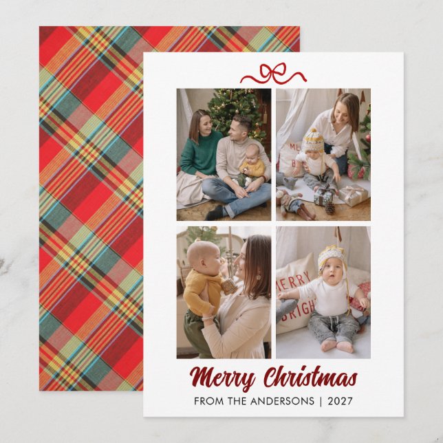 Klassisk röd tartanrutig handskriven jul julkort (Fram/baksida)