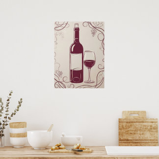 Klassisk röd vinflaska och glas Elegant Botanica Poster
